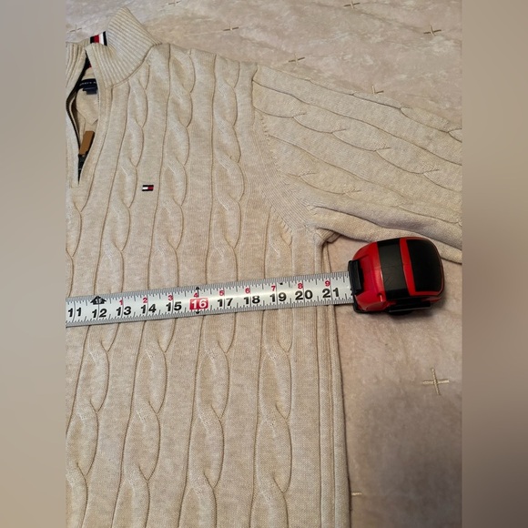 Tommy Hilfiger Cream Tan Cable Knit Pullover Sweater 1/4 Zip Neck Logo Men’s L - Picture 10 of 14